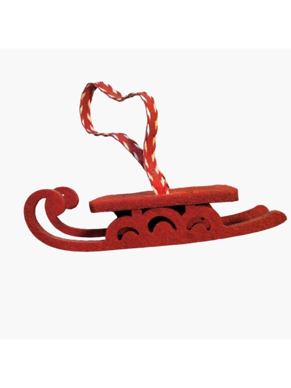 Red Felt Sled Christmas Ornament Ribbon Hanger flower Cutout Vintage